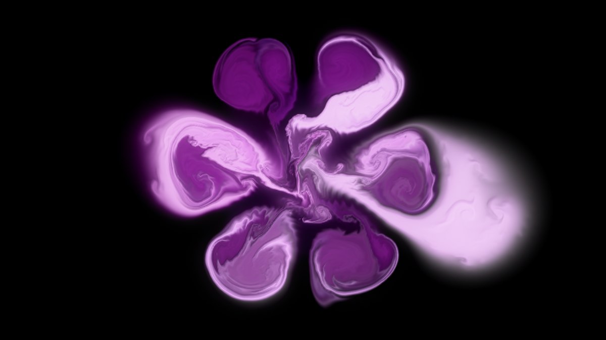 Phosphene's Fluid engine with several drops of oil spreading and marbling in purple and magenta, as it would look on a club screen