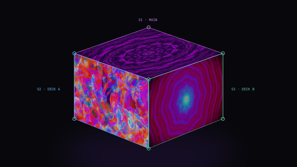 Projection mapping in Phosphene: three corner-pinned faces of a box, each showing a different live visual from Main, Deck A and Deck B