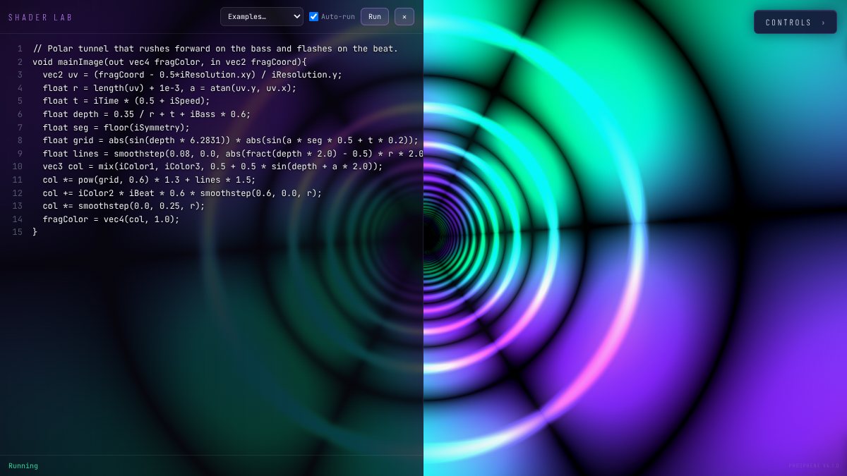 Shader Lab in Phosphene: a GLSL code editor panel floating over the live shader it is rendering in the browser